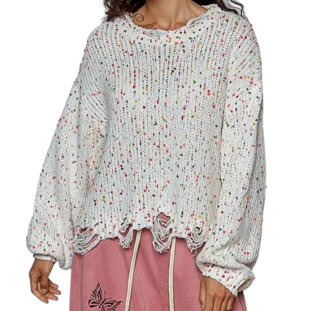 MAIN STRIP SWEATER Ivory & Rainbow CONFETTI POM-POM BALLS Shredded Chenille S